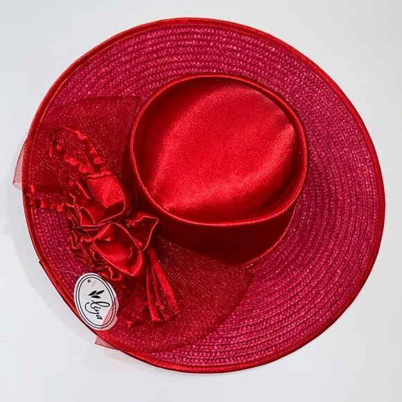 Lija Accessories - Liya 💯 Straw Women’s Elegant Red Wide-Brimmed Hat With Floral Embellishments